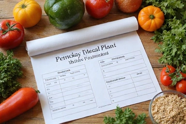 Ein aufgerollter Ernährungsplan mit frischen Zutaten wie Obst und Gemüse daneben, symbolisiert individuelle Essensplanung.