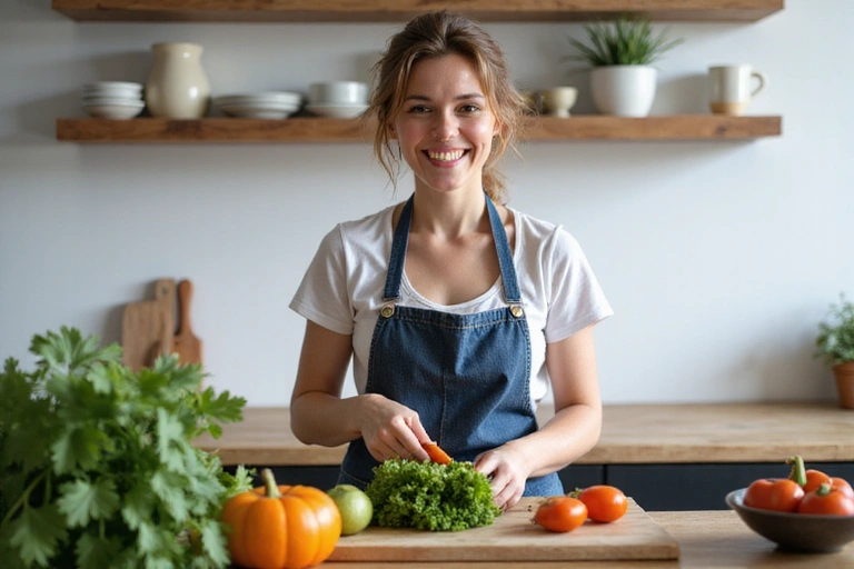 Eine glückliche Person, die frisches Gemüse in einer Küche zubereitet, symbolisiert gesunde Ernährung und Lebensfreude.